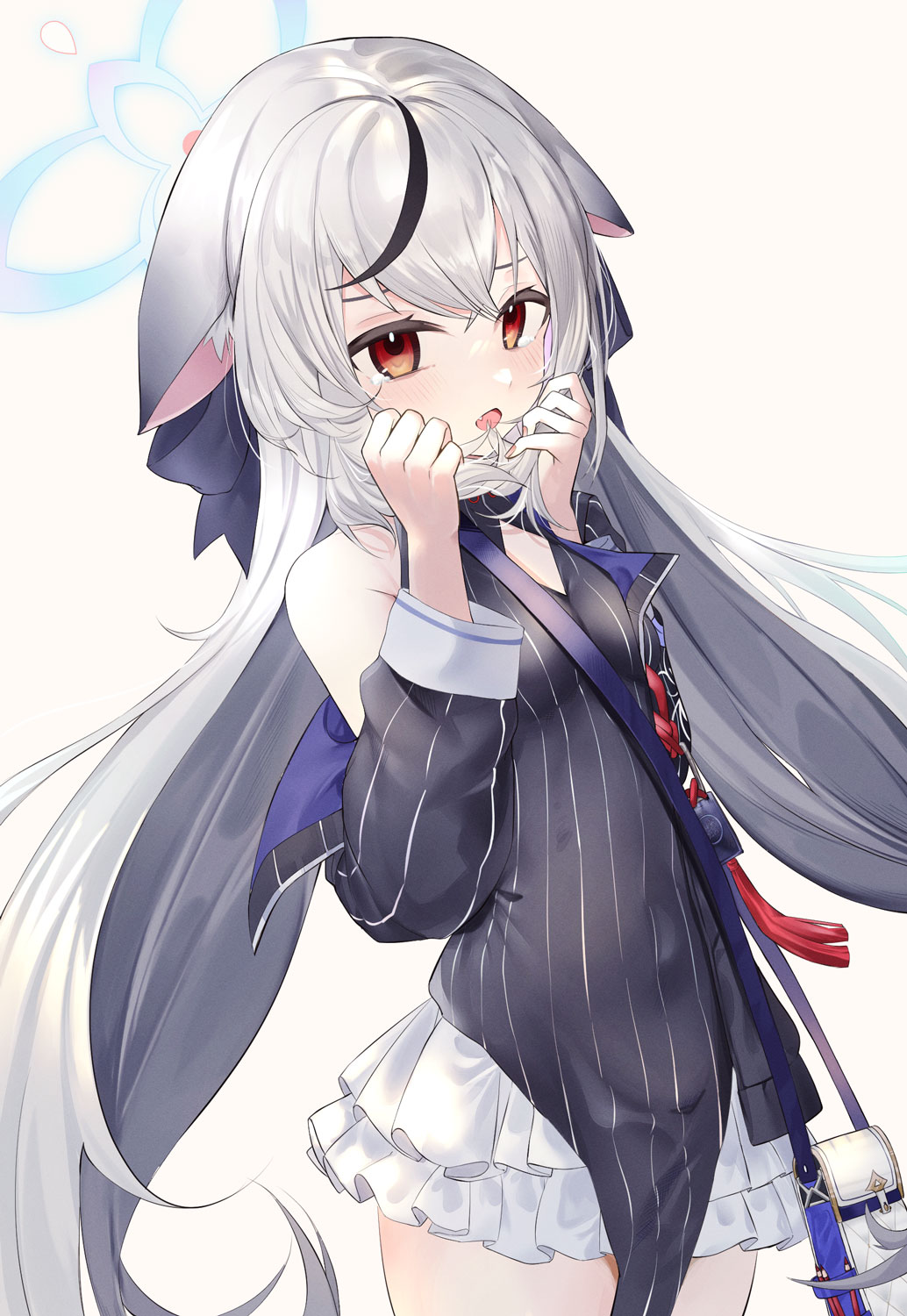 1girl :d amaton707 animal_ear_fluff animal_ears bag black_coat black_dress blue_archive china_dress chinese_clothes coat commentary_request dress frilled_skirt frills gradient_hair grey_hair hair_between_eyes halo handbag highres holding_own_hair id_card kokona_(blue_archive) long_hair long_sleeves looking_at_viewer low_twintails multicolored_hair orange_eyes pelvic_curtain sidelocks simple_background skirt smile solo streaked_hair striped striped_coat striped_dress tiger_ears tiger_girl twintails two-tone_hair vertical-striped_coat vertical-striped_dress vertical_stripes white_background white_skirt