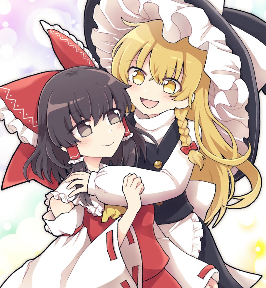 2girls apron ascot black_vest blonde_hair blush bow braid brown_hair closed_mouth commentary detached_sleeves eye_contact frilled_bow frilled_hair_tubes frills hair_between_eyes hair_bow hair_tubes hakurei_reimu hat hat_bow hug kirisame_marisa long_hair long_sleeves looking_at_another mochi547 multiple_girls open_mouth red_bow red_skirt ribbon-trimmed_sleeves ribbon_trim side_braid single_braid skirt skirt_set smile symbol-only_commentary touhou turtleneck vest waist_apron white_bow witch_hat yellow_ascot yellow_eyes yuri