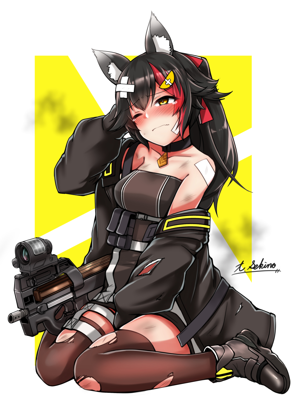 ammunition_pouch animal_ears between_legs black_hair blush boots breasts brown_footwear bullpup closed_mouth collarbone commission cosplay dirty girls_frontline gun hair_ornament hand_between_legs hand_up highres hololive jacket large_breasts long_hair long_sleeves multicolored_hair off_shoulder ookami_mio open_clothes open_jacket optical_sight p90 p90_(girls'_frontline) p90_(girls'_frontline)_(cosplay) ponytail pouch sekino_takehiro signature sitting skeb_commission smoke streaked_hair submachine_gun tearing_up torn_clothes virtual_youtuber wariza weapon wolf_ears yellow_eyes