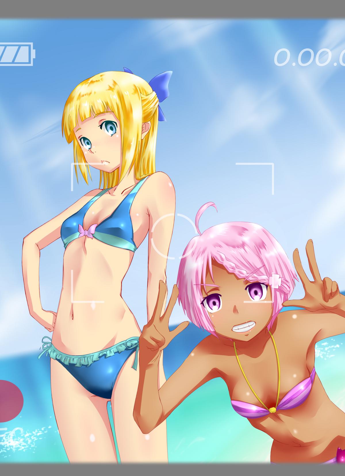 2girls ahoge alternate_costume ass_visible_through_thighs beach bikini blonde_hair blue_eyes blue_skirt blunt_bangs bow braid breasts closed_mouth clouds dark-skinned_female dark_skin day double_v elena_peoples eureka_seven_(series) eureka_seven_ao fleur_blanc french_braid frilled_skirt frills hair_bow hair_ornament hairclip hand_on_own_hip hand_up happy highres jewelry layered_skirt looking_at_viewer miniskirt multiple_girls navel outdoors pink_hair ryuc4883 short_hair skirt sky small_breasts smile standing swept_bangs swimsuit v viewfinder violet_eyes