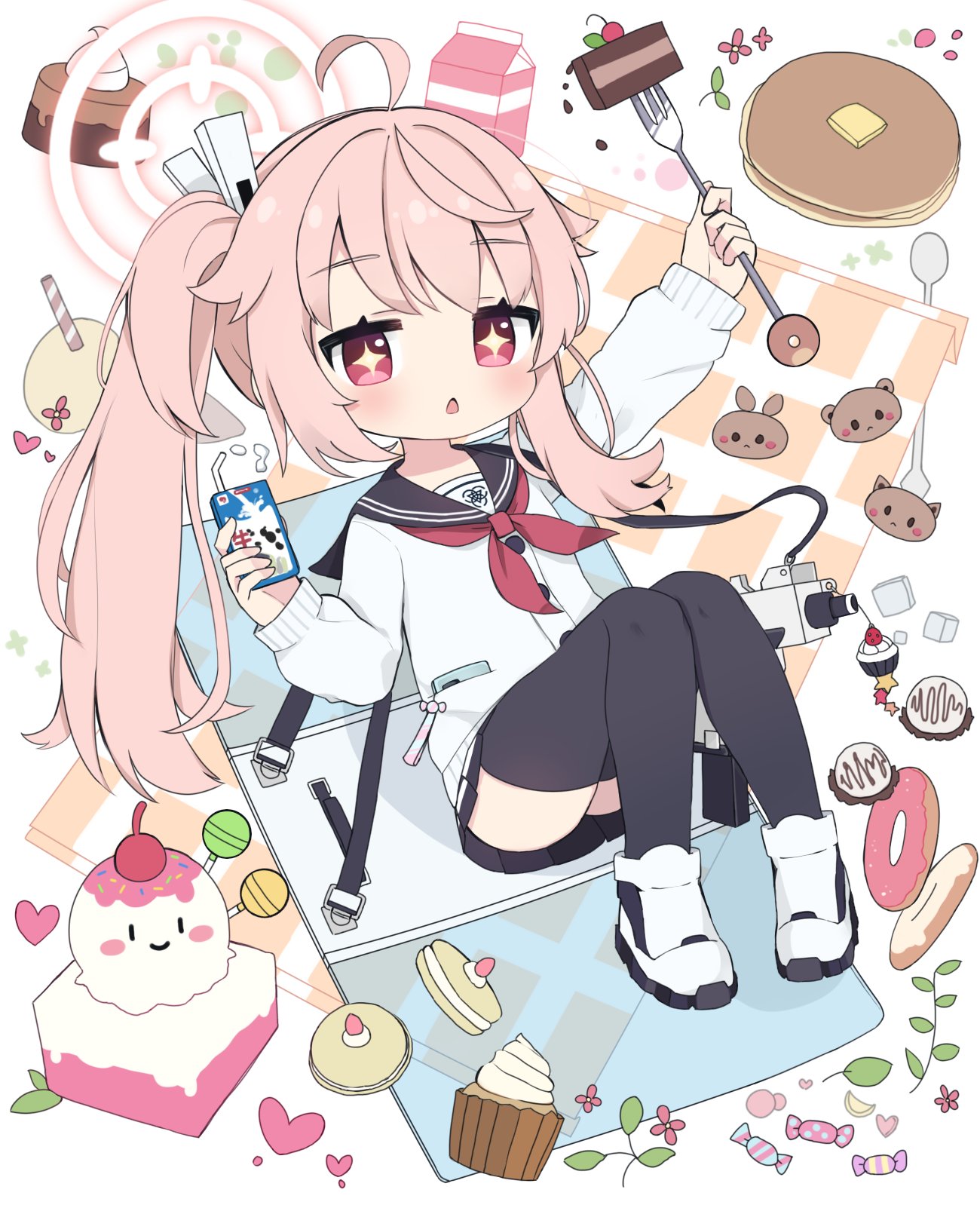 +_+ 1girl ahoge black_sailor_collar black_skirt black_thighhighs blue_archive blush buttons cake cake_slice cardigan doughnut drink drinking food fork gun halo highres holding holding_drink holding_fork long_hair long_sleeves muffin natsu_(blue_archive) neckerchief open_mouth pancake pink_hair pink_halo pleated_skirt poco_(zdrq3) red_eyes red_neckerchief sailor_collar shoes side_ponytail skirt solo thigh-highs weapon white_cardigan white_footwear