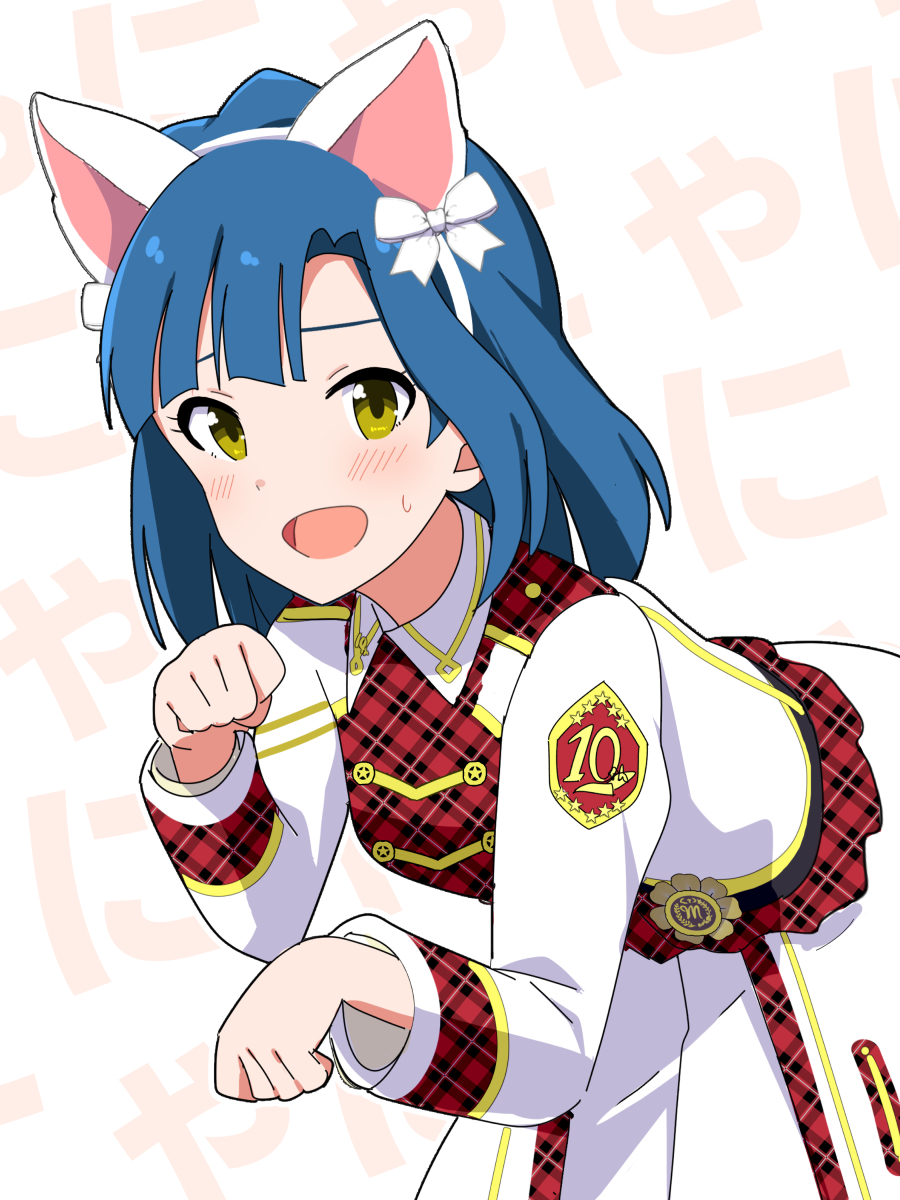 animal_ears blue_hair blush cat_ears commentary_request cowboy_shot embarrassed fake_animal_ears highres idolmaster idolmaster_million_live! idolmaster_million_live!_theater_days jacket long_sleeves looking_at_viewer nanao_yuriko open_mouth paw_pose plaid plaid_jacket plaid_skirt re_prologue_x_(idolmaster) red_jacket red_skirt short_hair simple_background skirt translated trinitro_t white_background white_jacket white_skirt yellow_eyes
