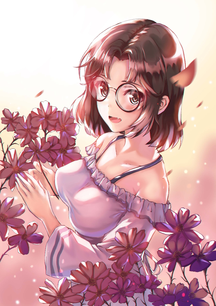 1girl bare_shoulders black-framed_eyewear breasts brown_hair dress falling_petals fang flower large_breasts open_mouth original petals pink_flower round_eyewear short_hair skin_fang sleeves_past_elbows solo spaghetti_strap standing sylnice white_dress