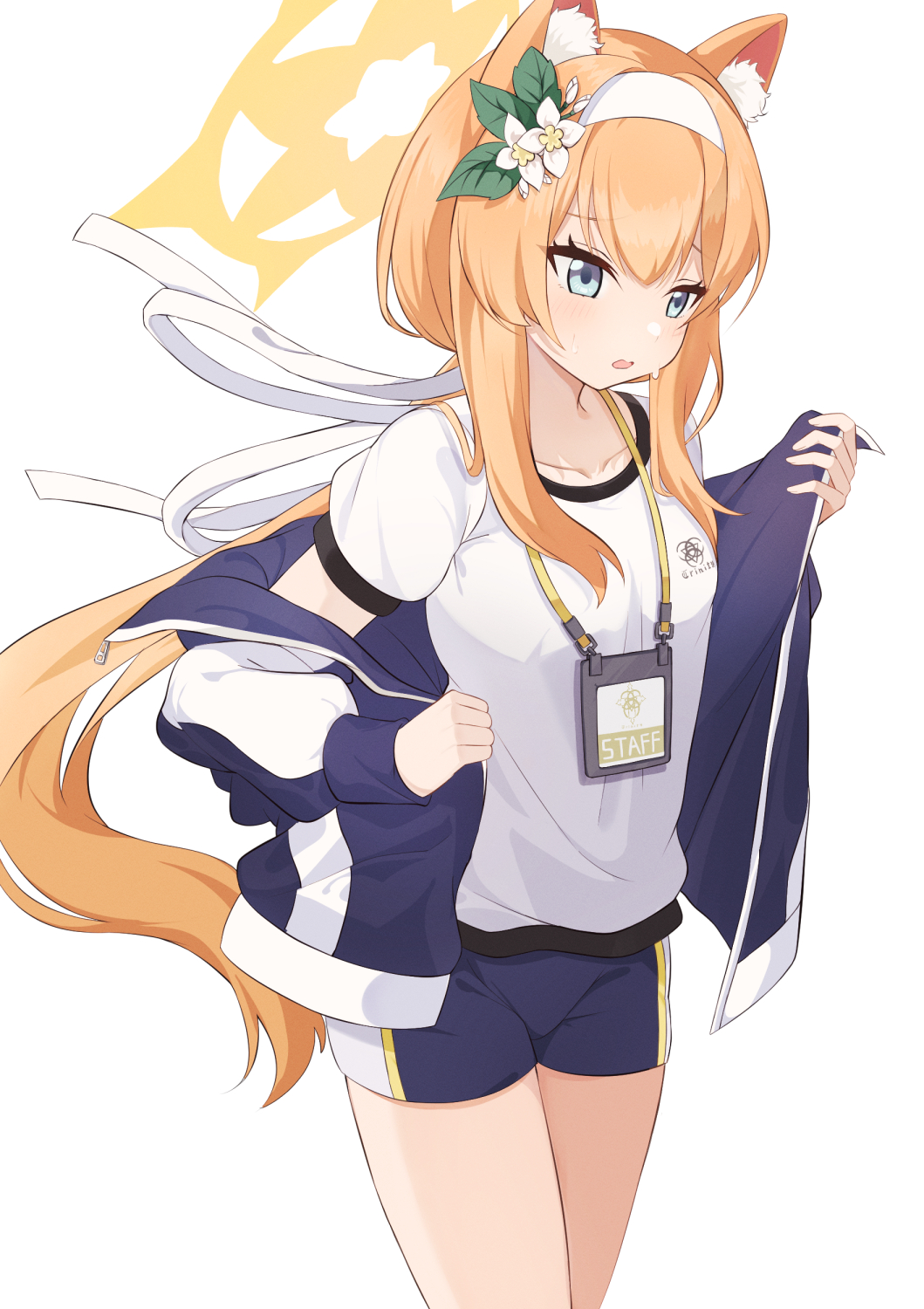 1girl amaton707 animal_ear_fluff animal_ears antenna_hair black_shorts blue_archive blue_eyes cat_ears cat_girl collarbone commentary_request flower gym_shirt gym_shorts gym_uniform hair_between_eyes hair_flower hair_ornament halo headband highres holding holding_clothes hot id_card jacket lanyard long_hair long_sleeves mari_(blue_archive) mari_(track)_(blue_archive) official_alternate_costume official_alternate_hairstyle open_clothes open_jacket orange_hair parted_lips shirt short_sleeves shorts sidelocks simple_background solo sweat track_jacket undressing white_background white_shirt