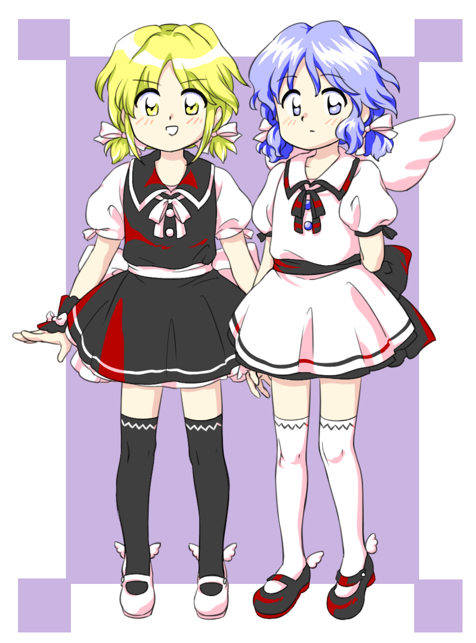 2girls :d back_bow black_bow black_dress black_footwear black_sash black_thighhighs blonde_hair blue_eyes blue_hair bow dress full_body hair_ribbon highres light_blue_hair looking_at_viewer mai_(touhou) mary_janes mini_wings multiple_girls neck_ribbon nonamejd official_style over-kneehighs puffy_short_sleeves puffy_sleeves ribbon sash shoes short_hair short_sleeves short_twintails single_horizontal_stripe smile standing thigh-highs touhou touhou_(pc-98) twintails white_bow white_dress white_footwear white_ribbon white_sash white_thighhighs winged_footwear wings yellow_eyes yuki_(touhou) zettai_ryouiki zun_(style)