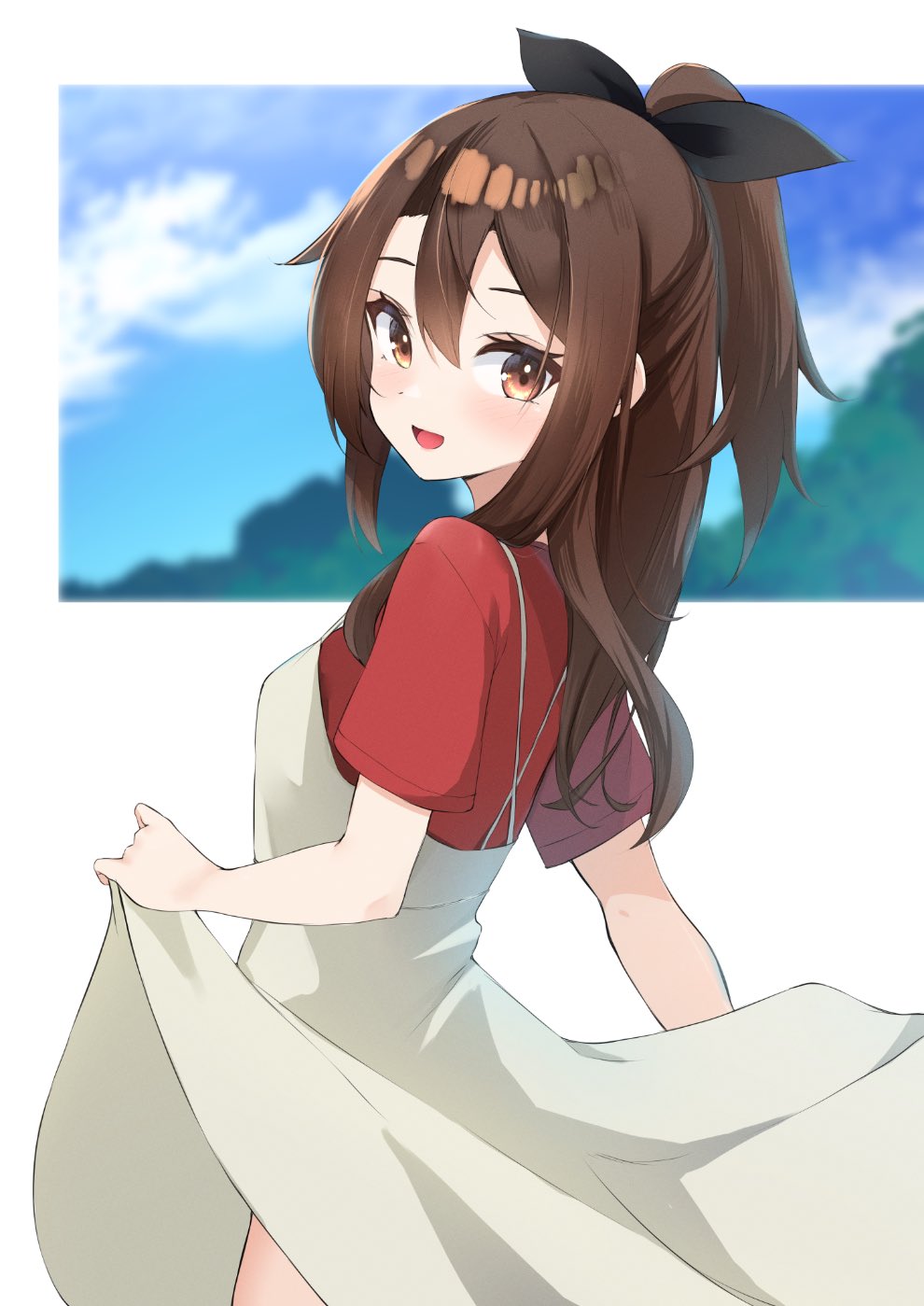 1girl :d alternate_costume black_bow blush bow brown_eyes brown_hair casual clouds cowboy_shot day dress from_behind from_side hair_between_eyes hair_bow high_ponytail highres kantai_collection long_hair looking_at_viewer looking_back open_mouth outdoors red_shirt shirt short_sleeves sidelocks skirt_hold sky smile solo standing t-shirt white_background white_dress zarashi zuihou_(kancolle)