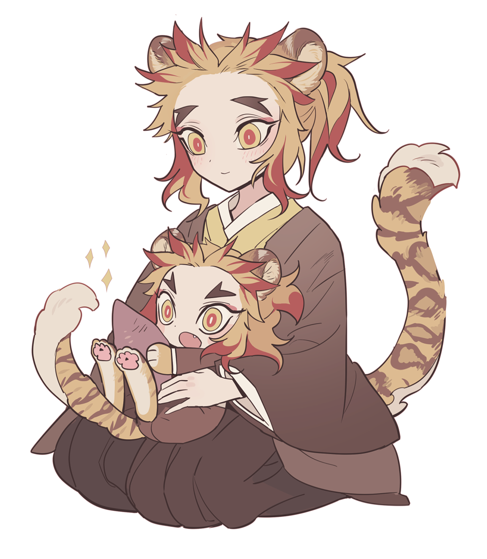 2boys :o aged_down animal_ears animal_feet animal_hands black_hakama blonde_hair brothers closed_mouth colored_tips commentary_request fang forked_eyebrows hakama haori japanese_clothes kemonomimi_mode kimetsu_no_yaiba kimono leopard_ears leopard_tail long_hair long_sleeves looking_at_another male_focus meremero multicolored_hair multiple_boys open_mouth redhead rengoku_kyoujurou rengoku_shinjurou siblings simple_background sitting sitting_on_lap sitting_on_person smile streaked_hair tail white_background wide_sleeves yellow_eyes