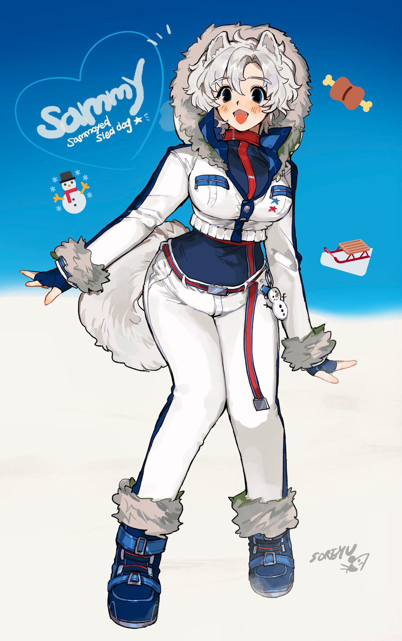 1girl animal_ears artist_name blue_background blue_eyes blue_footwear boned_meat boots charm_(object) chest_harness collared_jacket cropped_jacket curled_tail dog_ears dog_girl dog_tail emoji english_commentary english_text food full_body fur-trimmed_hood fur-trimmed_jacket fur-trimmed_sleeves fur_trim grey_hair hair_between_eyes harness high_collar highres hood hood_up hooded_jacket jacket long_sleeves looking_at_viewer meat open_mouth original pants short_hair sled snow snowman solo soreeyu_(sore-yu) standing tail white_background white_jacket white_pants