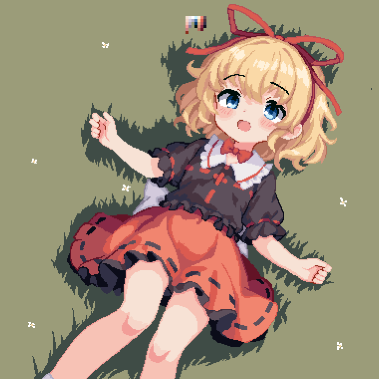 1girl 999_(hansode) black_shirt blonde_hair blue_eyes blush commentary grass hair_ribbon looking_at_viewer lying medicine_melancholy on_back open_mouth outdoors pixel_art red_ribbon red_skirt ribbon ribbon-trimmed_skirt ribbon_trim shirt short_hair short_sleeves skirt solo touhou