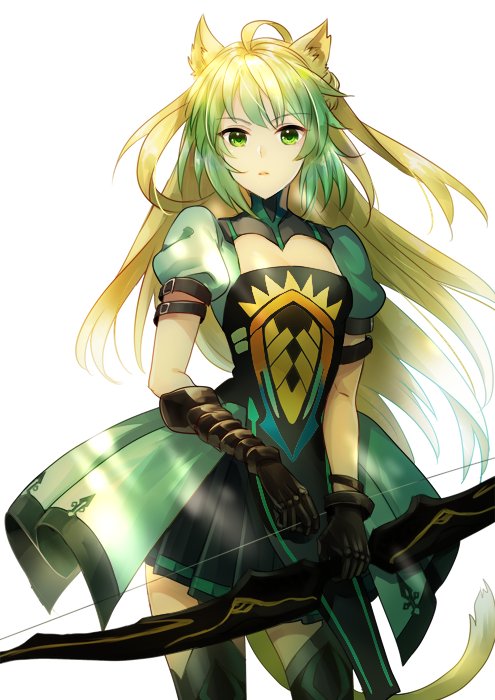 1girl ahoge animal_ears arm_belt atalanta_(fate) black_gloves blonde_hair bow_(weapon) cowboy_shot dress fate/apocrypha fate_(series) gloves gradient_hair green_dress green_eyes green_hair holding holding_bow_(weapon) holding_weapon looking_at_viewer multicolored_hair obihiro pelvic_curtain pleated_skirt puffy_short_sleeves puffy_sleeves short_sleeves simple_background skirt solo thigh-highs weapon white_background