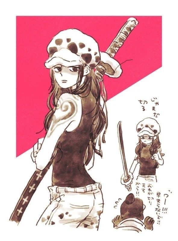 1boy 1girl arm_tattoo back border breasts closed_mouth denim earrings flying_sweatdrops frown fur_hat genderswap genderswap_(mtf) hat holding holding_sheath holding_sword holding_weapon jeans jewelry katana long_hair long_sleeves looking_at_another looking_at_viewer nanteiiyoru one_piece pants shachi_(one_piece) sheath sleeveless sword tattoo trafalgar_law translation_request weapon
