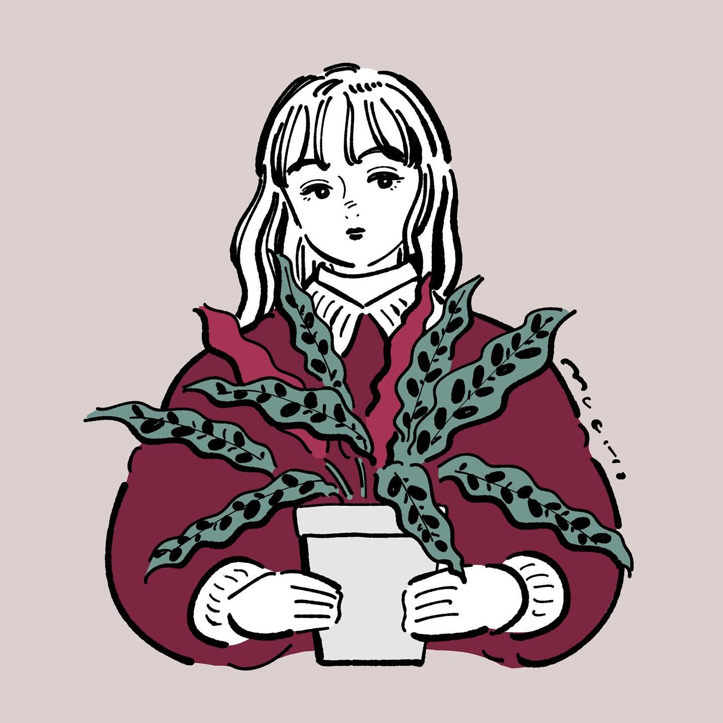 1girl bad_source closed_mouth cropped_torso flat_color flower_pot grey_background highres holding holding_flower_pot long_hair long_sleeves looking_at_viewer muchi_(muchiiiko) original partially_colored plant potted_plant red_sweater signature simple_background solo sweater upper_body wavy_hair