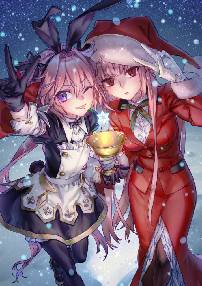 1boy 1girl animal_ears astolfo_(fate) astolfo_(saber)_(fate) astolfo_(saber)_(third_ascension)_(fate) black_bow black_bowtie black_gloves black_thighhighs bow bowtie buttons christmas cup dress fake_animal_ears fate/apocrypha fate/grand_order fate_(series) florence_nightingale_(fate) florence_nightingale_(santa)_(fate) fur_trim gloves hair_bow hat holding holding_cup holy_grail_(fate) long_hair multicolored_hair na222222 one_eye_closed otoko_no_ko pantyhose pink_hair pom_pom_(clothes) rabbit_ears red_eyes red_suit santa_hat sky smile snow sparkle star_(sky) starry_sky streaked_hair suit thigh-highs tongue tongue_out twintails v very_long_hair violet_eyes white_hair wing_collar