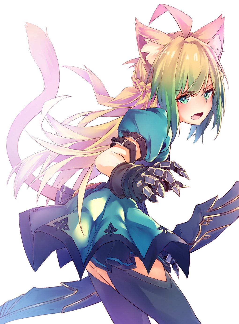 1girl ahoge animal_ear_fluff animal_ears aqua_dress arm_belt atalanta_(fate) bibisuka black_gloves black_thighhighs blonde_hair bow_(weapon) braid cat_ears claw_ring cowboy_shot dress fang fate/grand_order fate_(series) gloves gradient_hair green_eyes green_hair highres holding holding_bow_(weapon) holding_weapon leaning_forward looking_at_viewer multicolored_hair open_mouth simple_background skin_fang solo tail thigh-highs weapon white_background