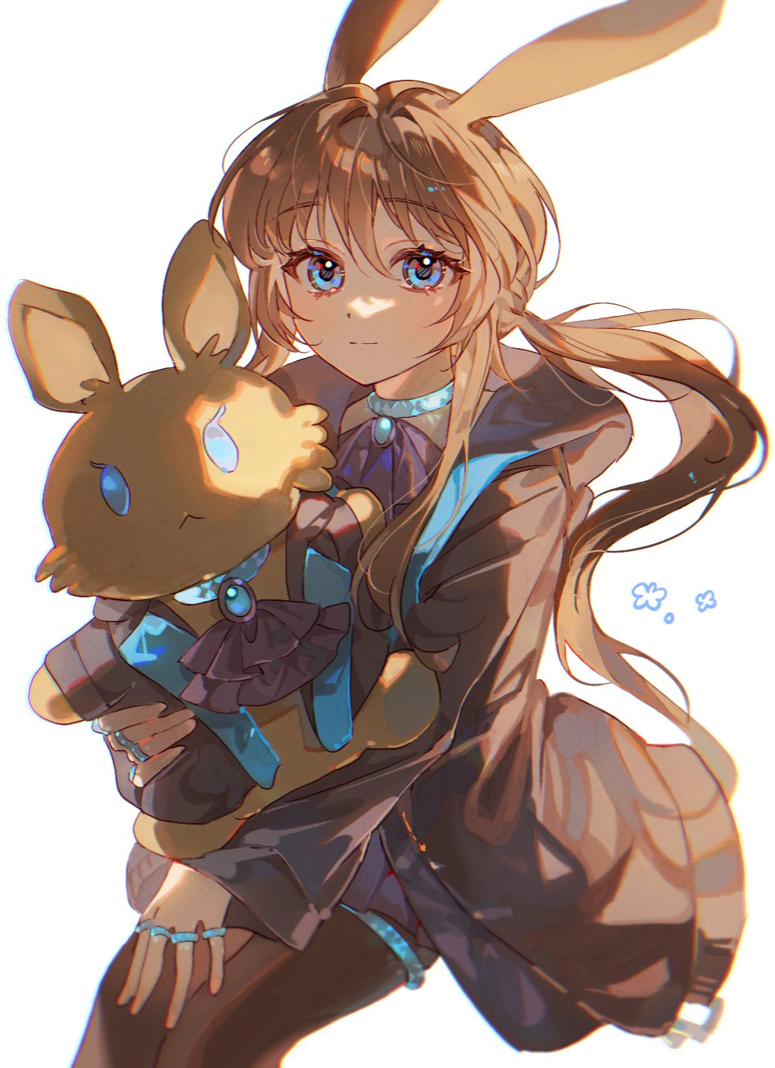 1girl amiya_(arknights) animal_ears arknights ascot bccommi black_jacket black_pantyhose blue_ascot blue_brooch blue_choker blue_eyes brown_hair character_doll choker choshanland_plushy_(arknights) chromatic_aberration closed_mouth commentary film_grain floating_hair hair_between_eyes highres hood hood_down hooded_jacket infection_monitor_(arknights) invisible_chair jacket jewelry long_hair long_sleeves looking_at_viewer multiple_rings pantyhose rabbit_ears rabbit_girl ring simple_background sitting solo thigh_ring white_background