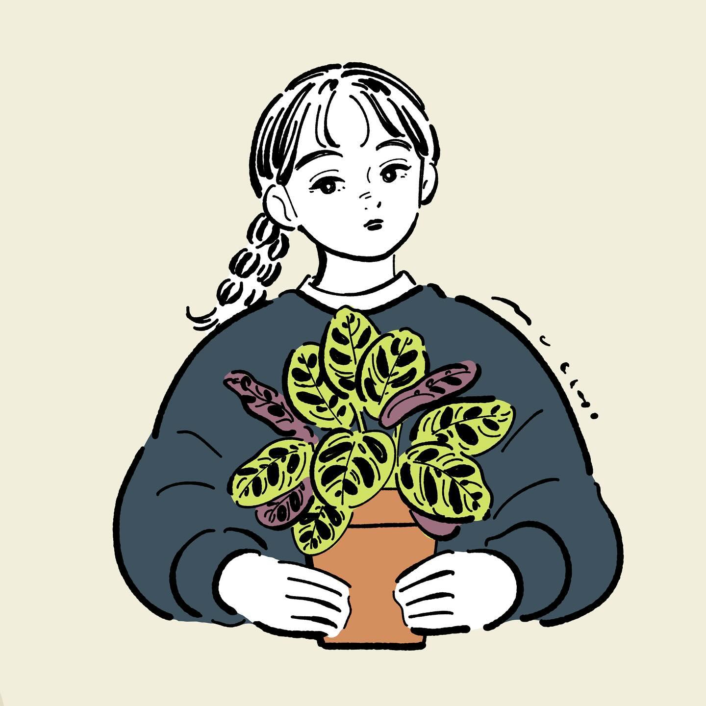 1girl bad_source braid closed_mouth cropped_torso flat_color flower_pot grey_sweater highres holding holding_flower_pot long_hair long_sleeves looking_at_viewer muchi_(muchiiiko) original partially_colored plant potted_plant side_braid signature simple_background solo sweater upper_body