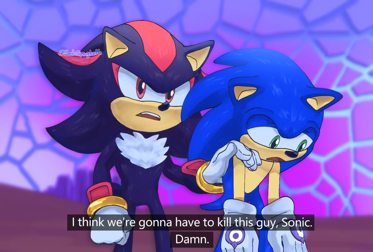 2boys artist_name black_fur blue_fur commentary depressed english_commentary english_text frown furry furry_male gloves hand_on_another's_shoulder hedgehog_tail i_think_we're_gonna_have_to_kill_this_guy_steven_(meme) male_focus meme multiple_boys pink_eyes setispaghetti shadow_the_hedgehog simple_background sonic_(series) sonic_prime sonic_the_hedgehog teeth upper_teeth_only white_gloves