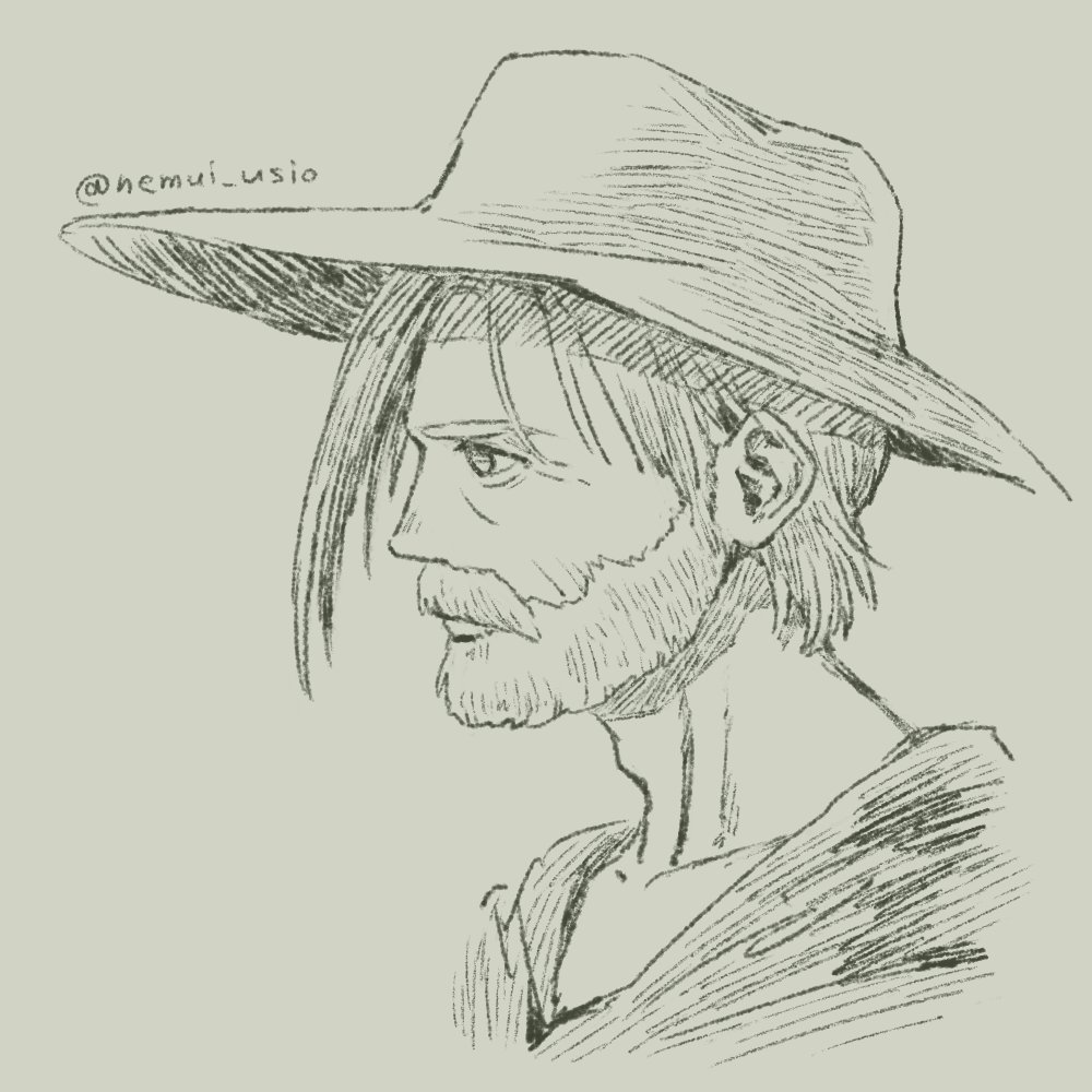1boy beard character_request facial_hair from_side hai_to_no_monogatari hat looking_ahead male_focus nemui_usio old old_man portrait profile short_hair simple_background sketch solo twitter_username