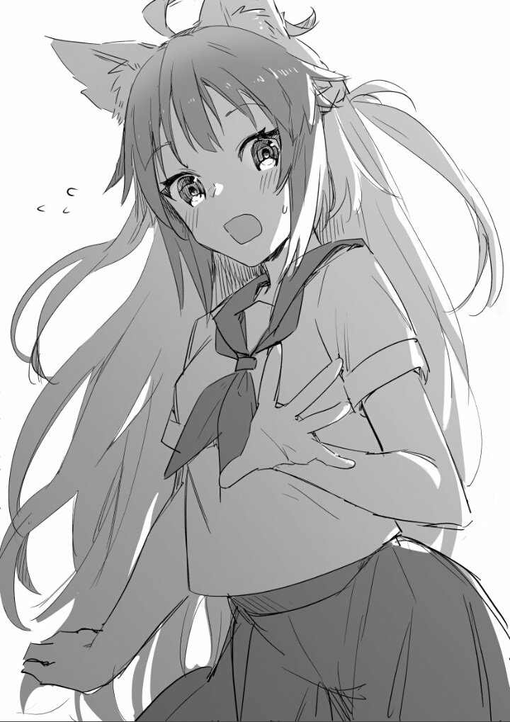 1girl ahoge alternate_costume animal_ears atalanta_(fate) blush braid cowboy_shot fate/apocrypha fate_(series) flying_sweatdrops greyscale long_hair looking_at_viewer monochrome open_hand open_mouth sailor_collar school_uniform short_sleeves sidelocks simple_background sketch skirt solo surprised tanaka_arumi two_side_up white_background