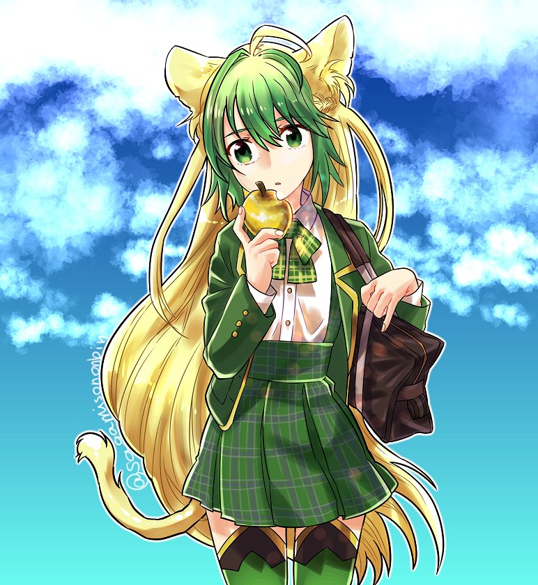 1girl ahoge alternate_costume animal_ears apple atalanta_(fate) bag black_bag blazer blonde_hair blue_background bow bowtie braid closed_mouth clouds collared_shirt cowboy_shot fate/apocrypha fate_(series) food fruit golden_apple green_bow green_bowtie green_eyes green_hair green_jacket green_skirt green_thighhighs holding holding_food jacket lion_ears lion_tail long_sleeves looking_to_the_side outline parted_lips plaid plaid_bow plaid_bowtie plaid_skirt sagamiso school_bag school_uniform shirt shirt_tucked_in shoulder_bag skirt solo tail thigh-highs twitter_username white_outline white_shirt yellow_tail