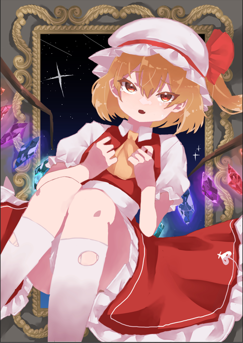 1girl ascot blonde_hair crystal dress flandre_scarlet full_body hat medium_hair mob_cap open_mouth picture_frame red_dress red_eyes sitting solo sparkle thigh-highs touhou user_pxaw4585 yellow_ascot