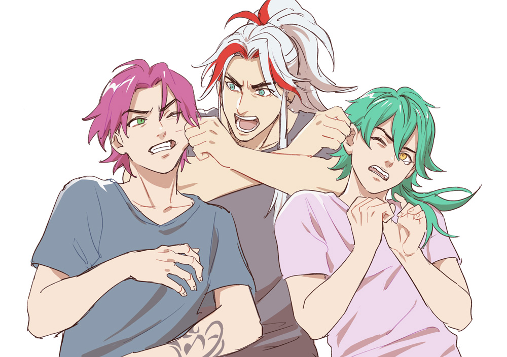 3boys angry arm_tattoo black_shirt cheek_pull clenched_teeth english_commentary ezreal fingernails grabbing_another's_ear green_eyes green_hair grey_shirt hair_between_eyes hand_on_another's_ear heartsteel_ezreal heartsteel_kayn heartsteel_yone kayn_(league_of_legends) league_of_legends long_hair magatsumagic male_focus multicolored_hair multiple_boys official_alternate_hairstyle one_eye_closed open_mouth parted_bangs ponytail purple_hair purple_shirt redhead shirt short_hair short_sleeves sidelocks simple_background streaked_hair tattoo teardrop teeth two-tone_hair upper_body white_background white_hair yellow_eyes yone_(league_of_legends)