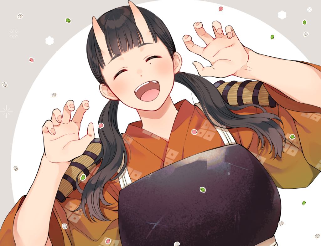 1girl armor black_hair blunt_bangs breastplate chipped_tooth dungeon_meshi e_(eokiba) epaulettes hands_up horns inutade japanese_clothes kimono mole mole_under_eye oni oni_horns simple_background smile twintails upper_body