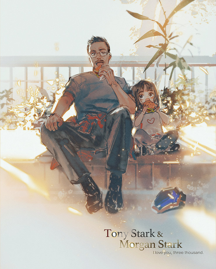 1boy 1girl avengers:_endgame avengers_(series) black_footwear black_hair black_pants blush brown_eyes burger character_name child day facial_hair father_and_daughter food glasses grey_pants grey_shirt hands_up heart heart_print helmet holding holding_food leaf looking_at_another looking_down looking_up marvel marvel_cinematic_universe mian_lang morgan_stark one_eye_closed open_mouth outdoors pants shadow shirt shoes short_hair short_sleeves sitting sky t-shirt tony_stark tree white_shirt white_sky