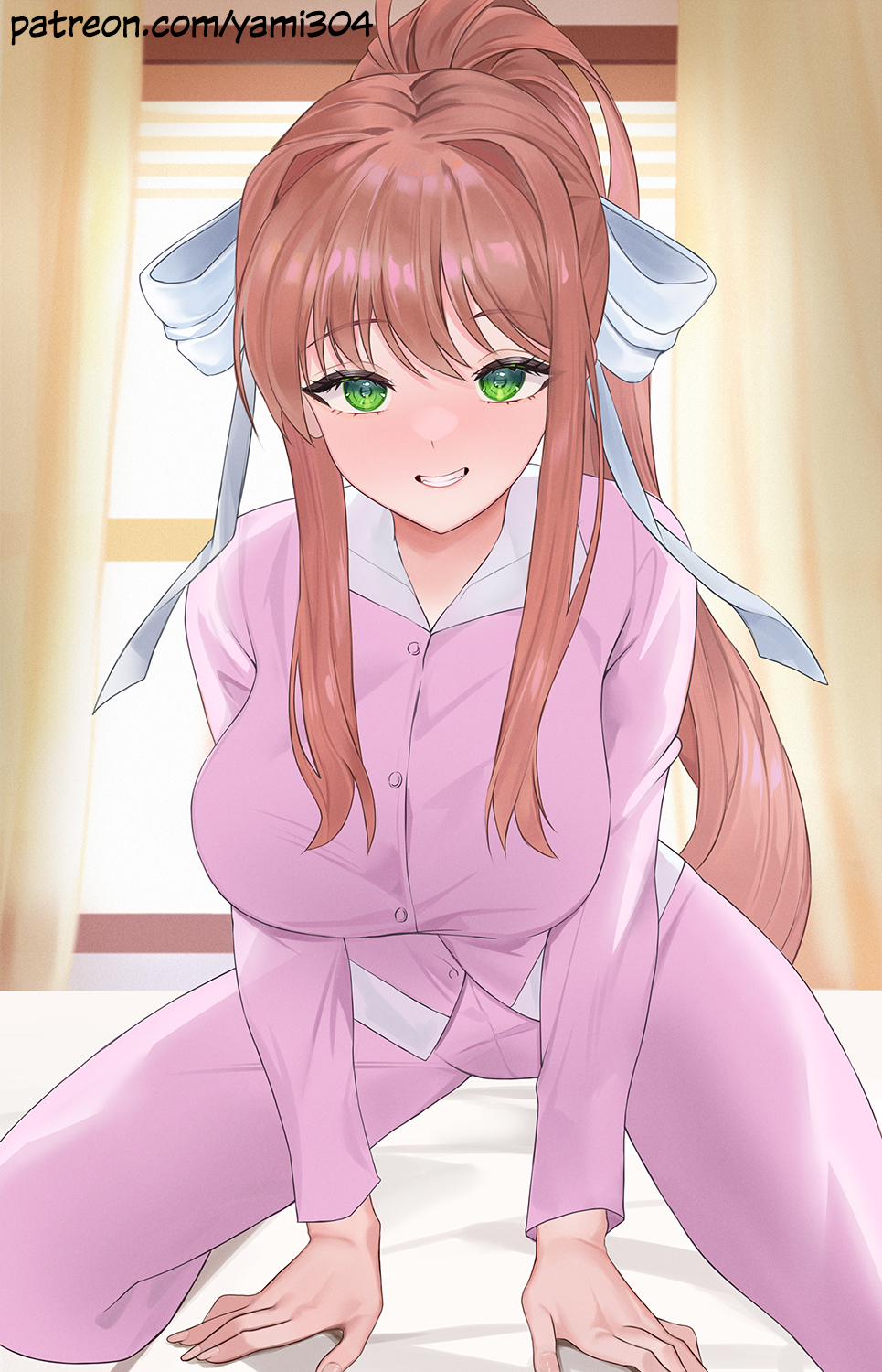 1girl alternate_costume arm_support arms_between_legs bed bow breasts brown_hair collared_shirt commentary curtains doki_doki_literature_club english_commentary green_eyes grin hair_between_eyes hair_bow hair_intakes highres indoors large_breasts long_hair long_sleeves looking_at_viewer monika_(doki_doki_literature_club) on_bed pajamas pants patreon_username pink_pajamas pink_pants pink_shirt ponytail pose_request shirt sidelocks smile solo white_bow window yami_(rear4742) yellow_curtain