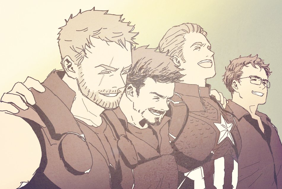 4boys armor arms_up avengers_(series) bare_shoulders beard bodysuit bruce_banner captain_america closed_eyes collared_jacket collared_shirt commentary facial_hair glasses gradient_background greyscale hands_on_another's_shoulders jacket long_sleeves male_focus marvel marvel_cinematic_universe mochishio monochrome multiple_boys open_mouth scar scar_across_eye shirt short_hair simple_background sleeveless sleeveless_shirt smile standing star_(symbol) steve_rogers striped superhero t-shirt teeth thor_(marvel) tony_stark v-shaped_eyebrows