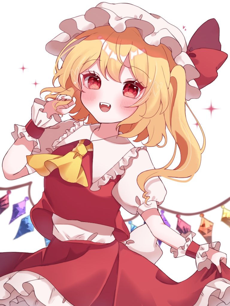 1girl ascot blonde_hair cowboy_shot crystal dress flandre_scarlet hat medium_hair mob_cap open_mouth red_dress red_eyes simple_background siomi_403 solo sparkle touhou white_background yellow_ascot