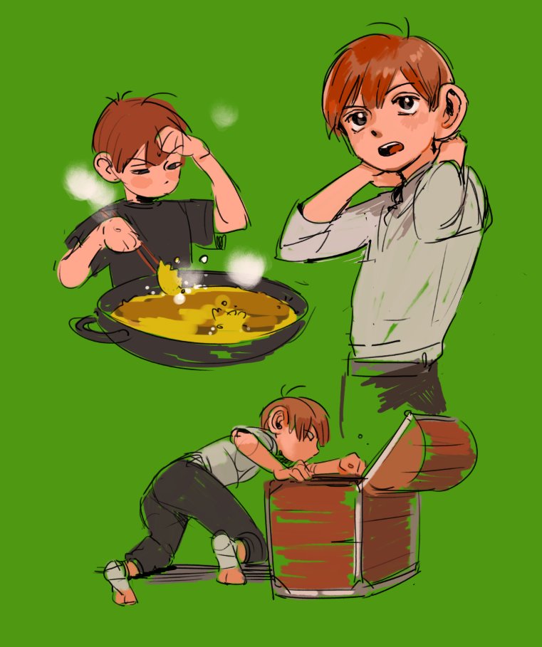 1boy arms_up black_pants black_shirt brown_eyes brown_hair chilchuck_tims chopsticks cooking dungeon_meshi katy_ho looking_at_viewer multiple_views open_mouth pants shirt treasure_chest