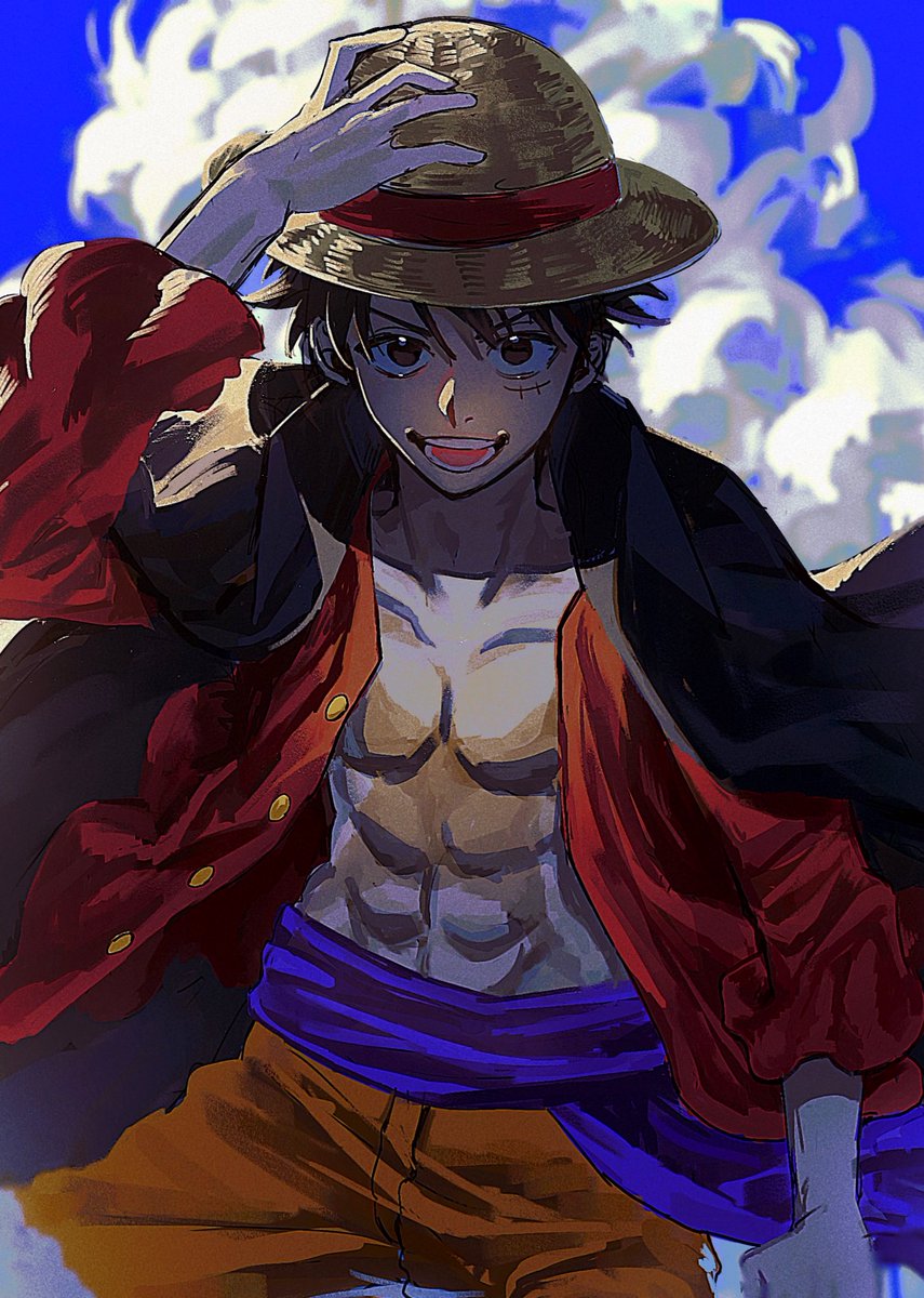 1boy bad_id bad_twitter_id black_cape black_hair cape clouds commentary cowboy_shot hand_on_headwear hat highres looking_at_viewer male_focus monkey_d._luffy one_piece open_clothes open_shirt orange_shorts purple_sash sash scar scar_on_face short_hair shorts sky smile solo straw_hat wudus6