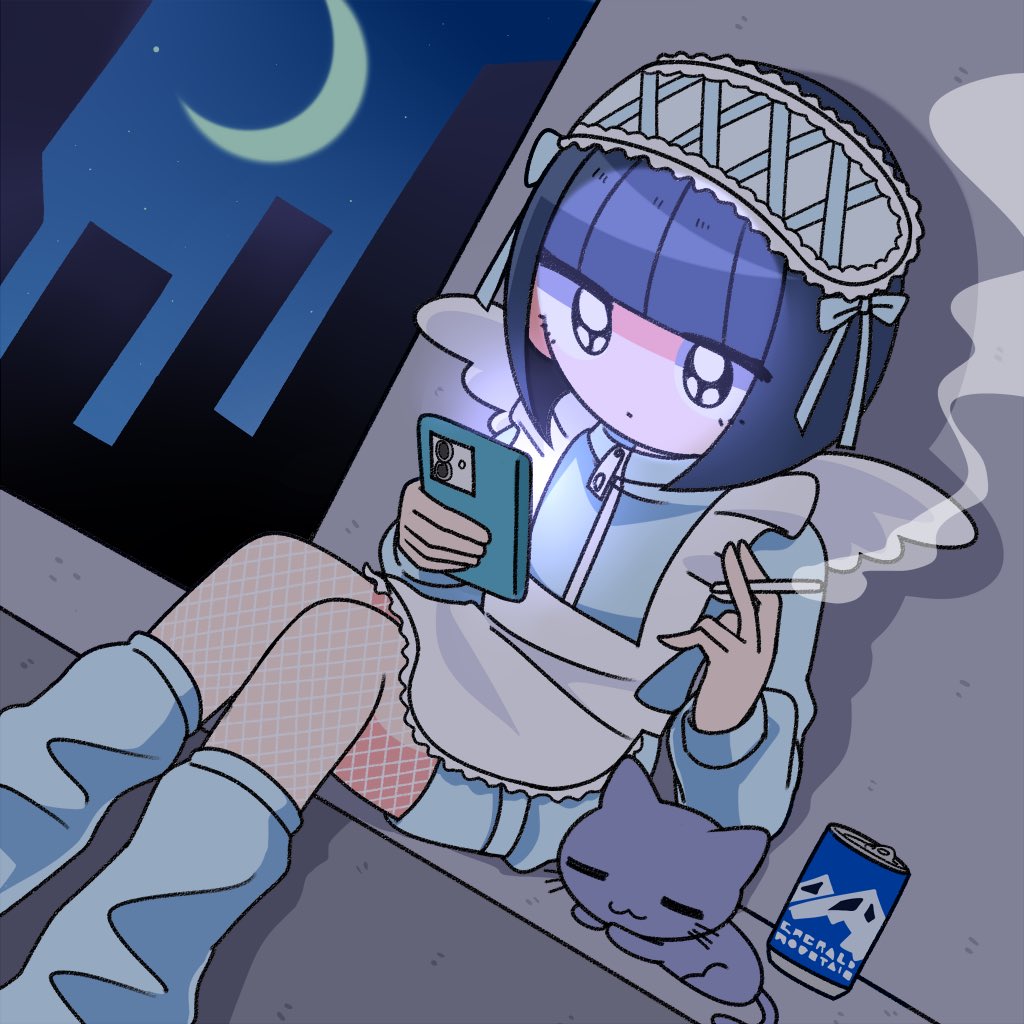 1girl angel_wings animal apron black_eyes blue_hair blue_ribbon blue_socks blue_track_suit blunt_bangs building can cat cellphone cigarette crescent crescent_moon drink_can ezaki_bisuko fishnets headdress holding holding_cigarette holding_phone jersey_maid looking_at_phone maid menhera-chan_(ezaki_bisuko) moon night night_sky phone ribbon sabukaru-chan_(ezaki_bisuko) sitting sky skyscraper smartphone smoke socks solo track_suit unconventional_maid wings