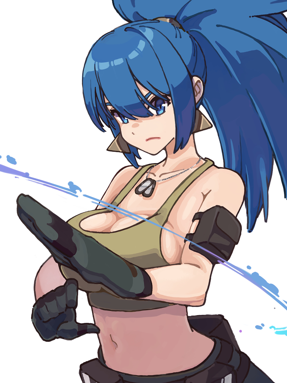 1girl arm_pouch bare_shoulders blue_eyes blue_hair breasts crop_top dog_tags earrings gloves highres irc14786149 jewelry leona_heidern navel ponytail sleeveless soldier solo tank_top the_king_of_fighters the_king_of_fighters_xv triangle_earrings yellow_tank_top