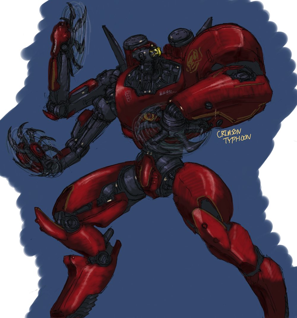 armor asymmetrical_arms blue_background character_name circular_saw crimson_typhoon digitigrade english_text extra_arms jaeger_(pacific_rim) joints mecha no_humans one-eyed pacific_rim red_armor robot robot_joints saw science_fiction shion_humine white_background yellow_eyes