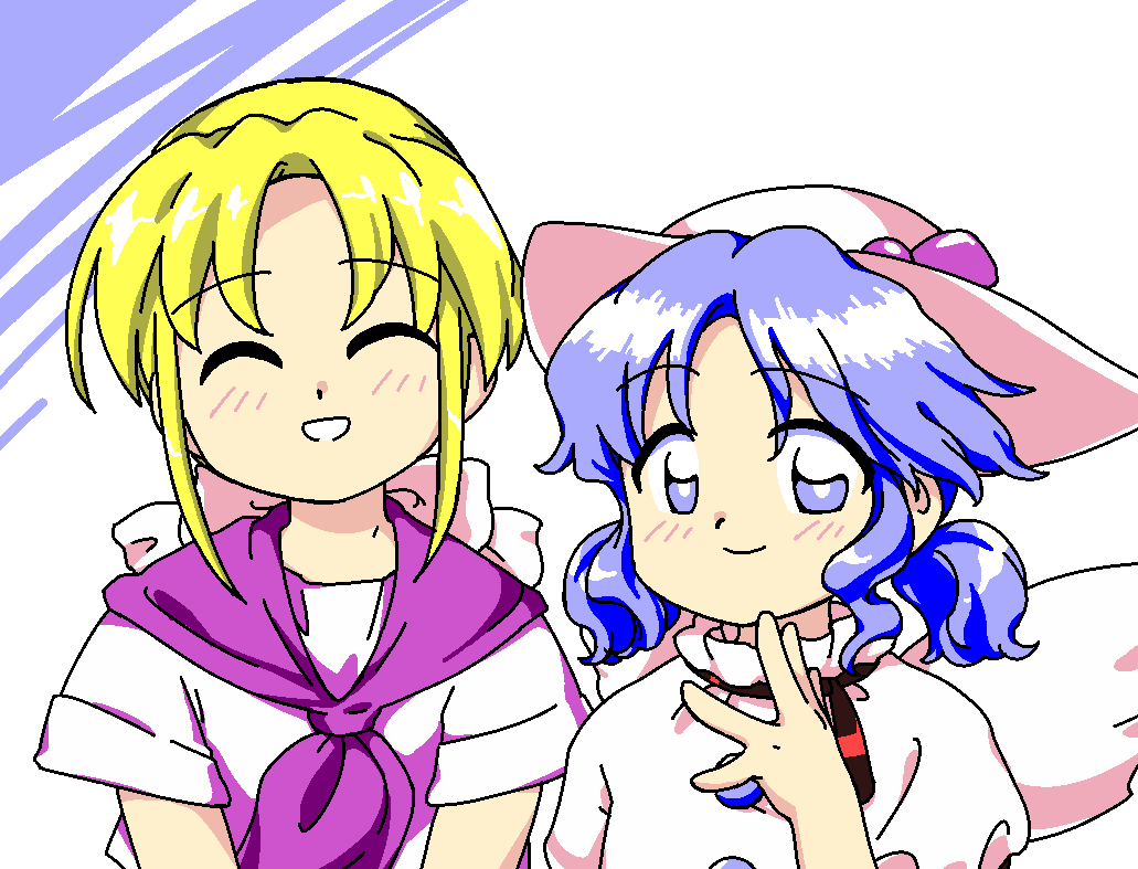 2girls :d ^_^ blonde_hair blue_eyes blue_hair closed_eyes closed_mouth hand_up hat jaggy_lines louise_(touhou) mai_(touhou) mini_wings multiple_girls nonamejd official_style short_hair short_sleeves short_twintails smile touhou touhou_(pc-98) twintails white_headwear white_wings wings zun_(style)
