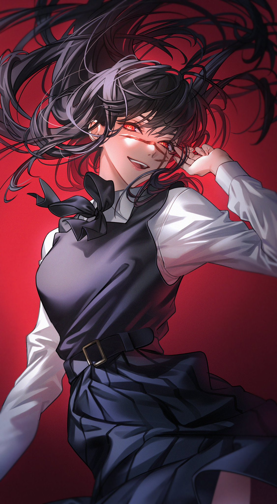 1girl am88121 belt belt_buckle black_belt black_hair black_ribbon black_skirt black_vest blurry breasts buckle chainsaw_man collared_shirt commentary cowboy_shot cross_scar dress_shirt evil_grin evil_smile eyelashes film_grain fingernails floating_clothes floating_hair fourth_east_high_school_uniform gradient_background grin hair_between_eyes hair_flowing_over half-closed_eyes hand_in_own_hair hand_up highres jumping lips long_hair long_sleeves looking_at_viewer medium_breasts medium_skirt multiple_scars neck_ribbon open_mouth pleated_skirt red_background red_eyes ribbon ringed_eyes scar scar_on_cheek scar_on_face scar_on_nose school_uniform shade shadow shirt shirt_tucked_in sidelocks skirt smile solo straight_hair teeth tongue upper_teeth_only vest white_shirt wing_collar yoru_(chainsaw_man)