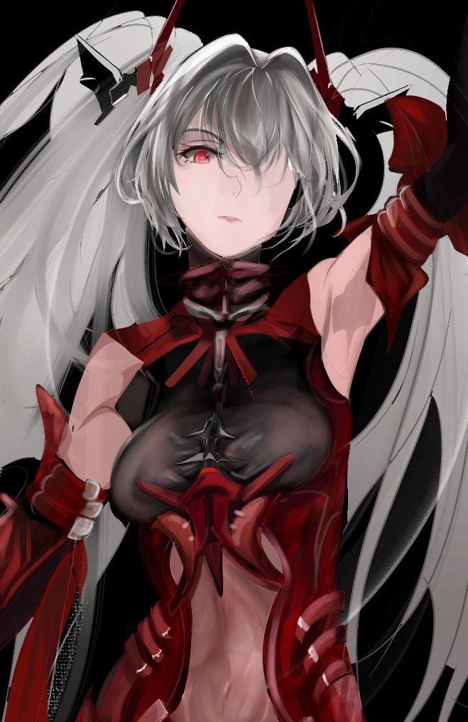 1girl black_background black_bodysuit bodysuit breasts cross-shaped_pupils detached_sleeves grey_hair hair_intakes hair_over_one_eye headgear impossible_bodysuit impossible_clothes long_hair luna_(punishing:_gray_raven) medium_breasts parted_lips punishing:_gray_raven red_eyes red_sleeves sidelocks solo symbol-shaped_pupils tony_028 twintails very_long_hair