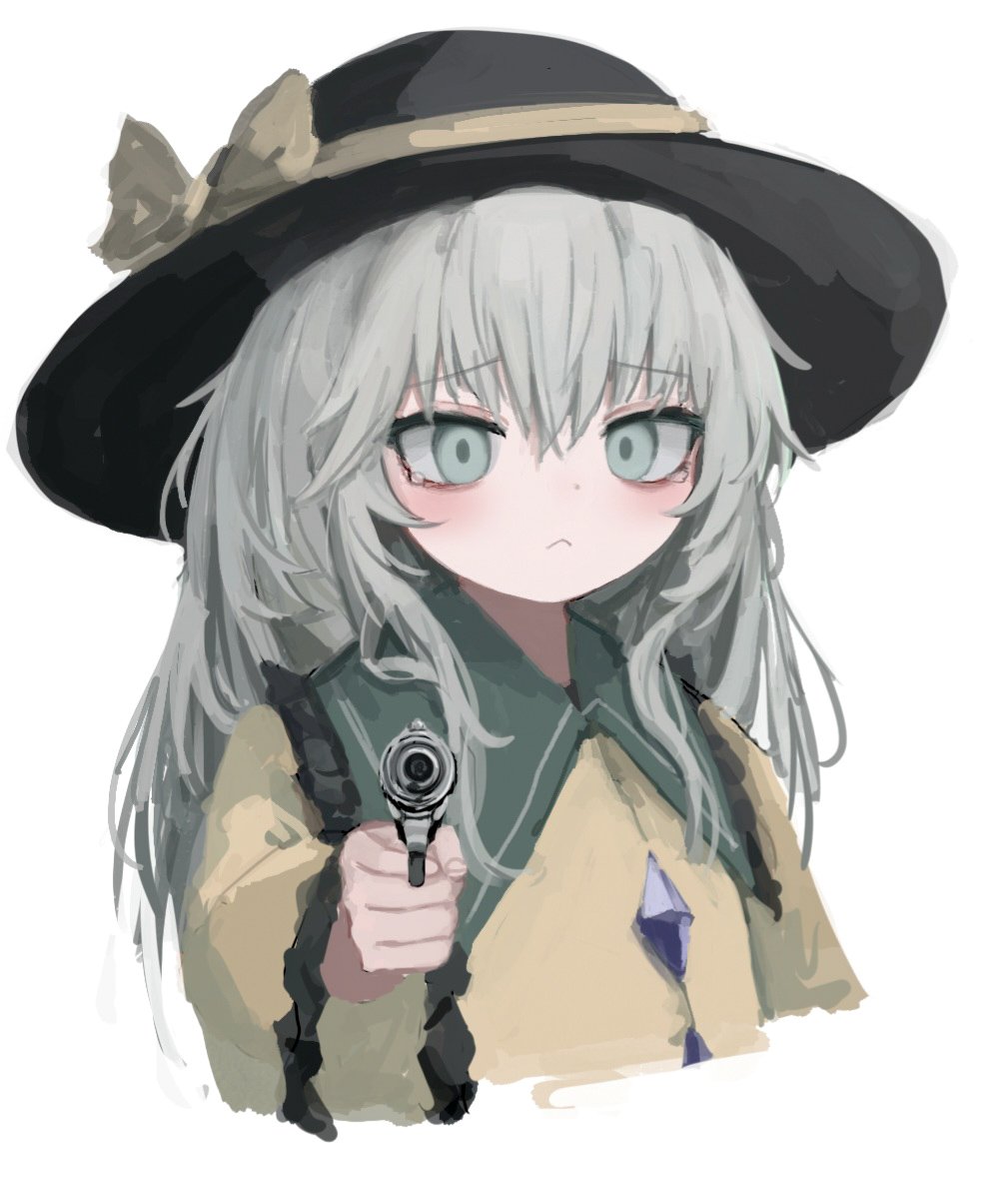 1girl black_headwear blush bow buttons closed_mouth frilled_sleeves frills green_eyes green_hair gun handgun hat hat_bow holding holding_gun holding_weapon komeiji_koishi long_hair long_sleeves pointing pointing_at_viewer reverinth solo touhou upper_body weapon wide_sleeves yellow_bow
