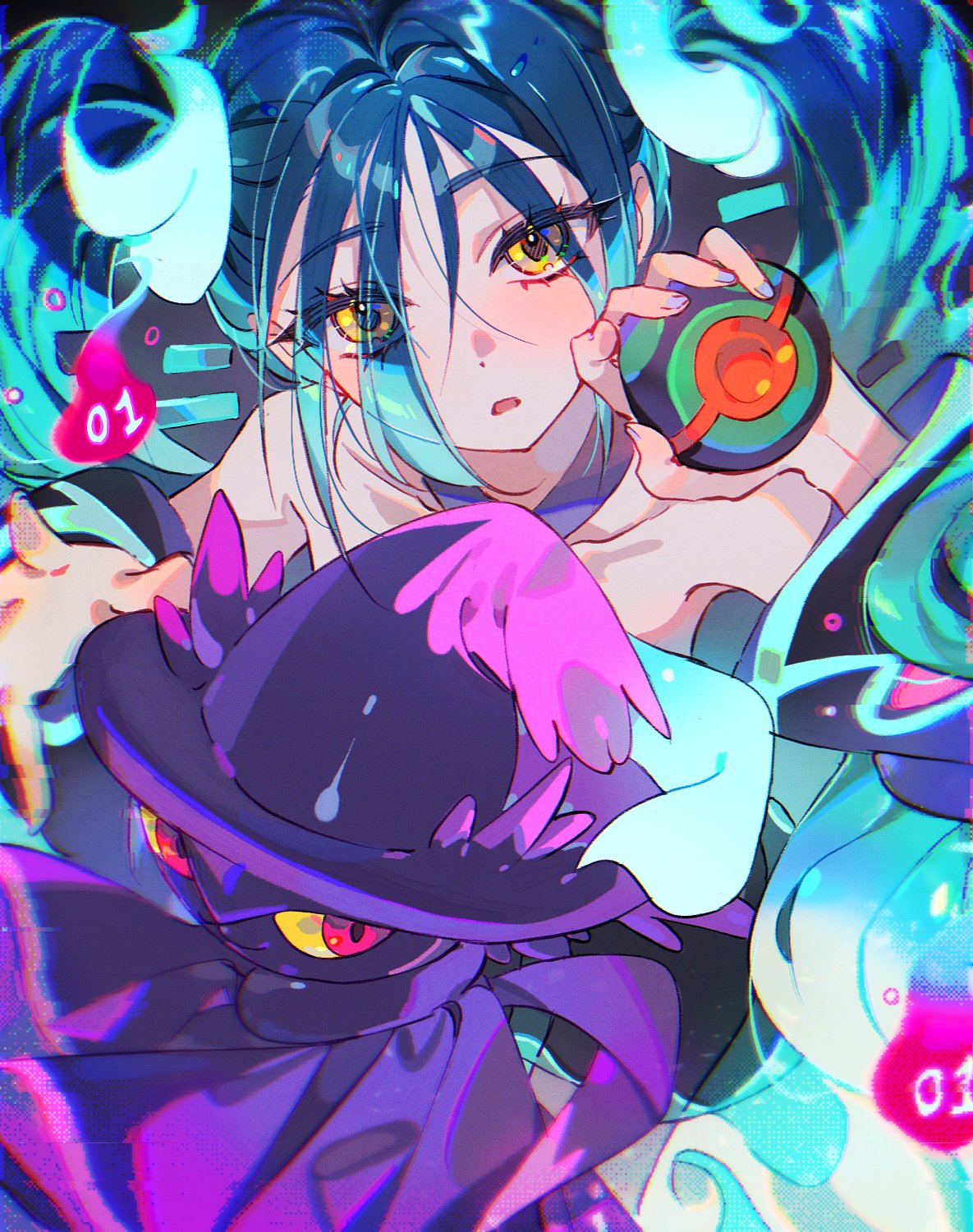 1girl aqua_hair bare_shoulders bccommi blush collarbone commentary detached_sleeves ghost_miku_(project_voltage) glitch hair_over_eyes hatsune_miku highres holding holding_poke_ball long_hair long_sleeves looking_at_viewer mismagius open_mouth poke_ball pokemon project_voltage solo twintails vocaloid wide_sleeves yellow_eyes