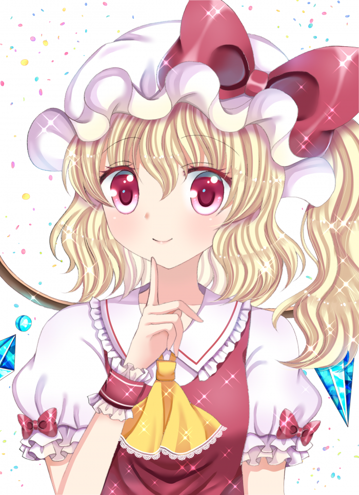1girl amiguri ascot blonde_hair bow breasts closed_mouth collared_shirt crystal finger_to_mouth flandre_scarlet frilled_shirt_collar frills hair_between_eyes hat hat_bow lace-trimmed_ascot large_bow light_smile looking_at_viewer medium_hair mob_cap one_side_up puffy_short_sleeves puffy_sleeves red_bow red_eyes red_vest shirt short_sleeves simple_background small_breasts solo touhou upper_body vest white_background white_headwear white_shirt wings wrist_cuffs yellow_ascot