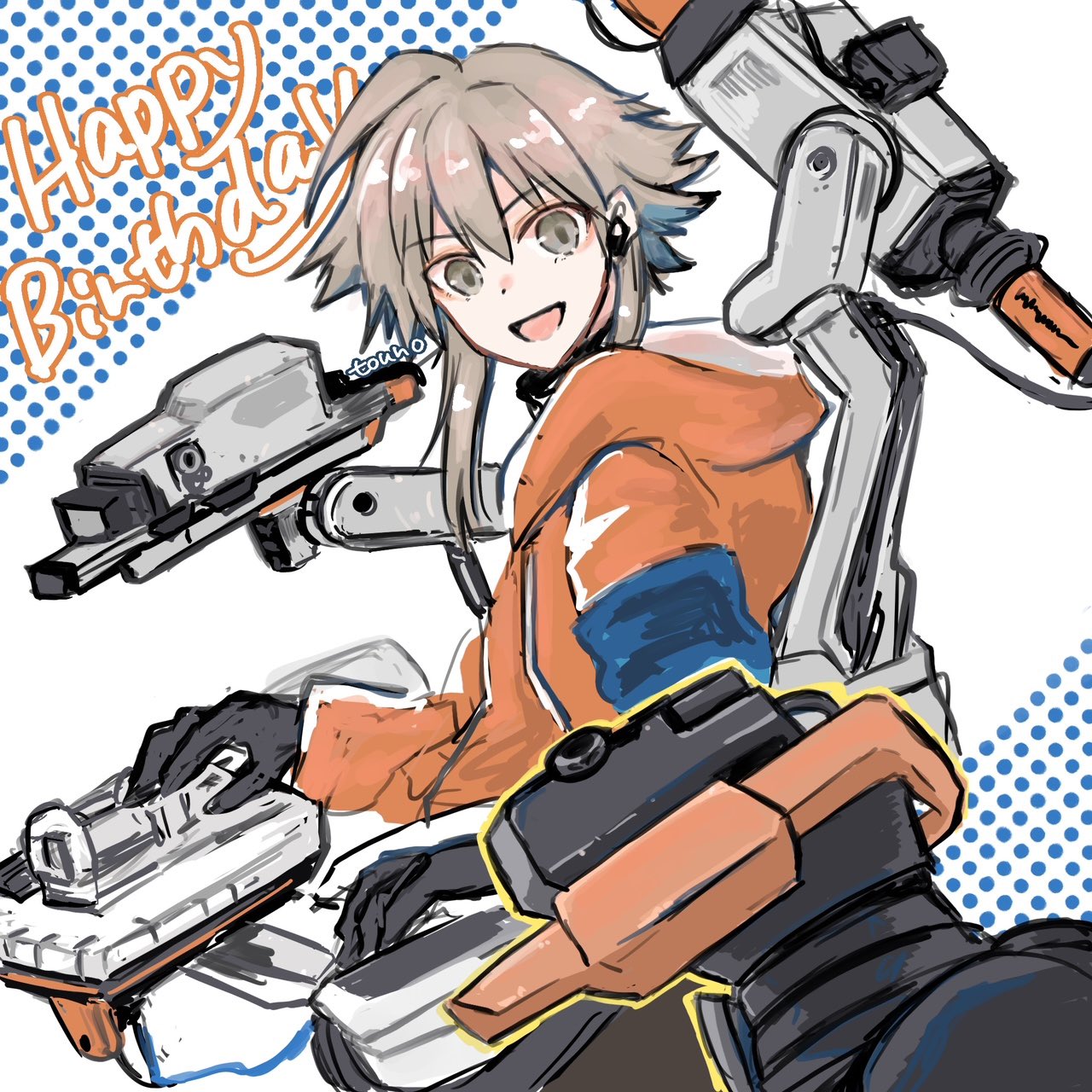 1girl 1other ahoge arknights armband artist_name black_gloves blue_armband brown_eyes brown_hair controller earphones earphones gloves hair_between_eyes happy_birthday highres holding holding_controller hood hoodie jacket looking_at_another mayer_(arknights) mechanical_arms meeboo_(arknights) nose open_mouth orange_hoodie orange_jacket polka_dot polka_dot_background remote_control short_hair_with_long_locks smile touno_(akarino) white_background