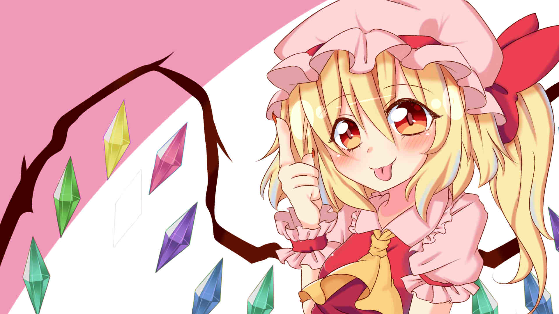 1girl :p blonde_hair blush bow breasts collared_shirt crystal fingernails flandre_scarlet frilled_shirt_collar frilled_sleeves frills hair_between_eyes hat hat_bow hat_ribbon head_tilt highres index_finger_raised looking_at_viewer medium_hair multicolored_wings nail_polish one_side_up pink_background pink_headwear pink_shirt puffy_short_sleeves puffy_sleeves red_eyes red_nails red_ribbon red_vest ribbon ribbon-trimmed_headwear ribbon_trim sharp_fingernails shirt short_sleeves simple_background sleeve_ribbon small_breasts solo suwa_genbu tongue tongue_out touhou upper_body vest white_background wings wrist_cuffs