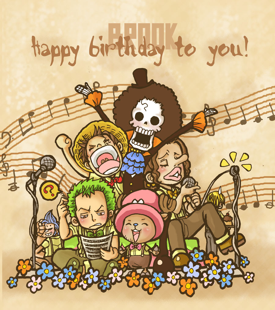 6+boys ? ^_^ afro antlers arms_up ascot bananatie black_hair black_headwear black_suit blonde_hair blue_ascot blue_hair brook_(one_piece) cake chibi closed_eyes commentary crossed_legs earrings english_commentary flower food franky_(one_piece) green_hair green_ribbon happy_birthday hat holding holding_microphone jewelry long_nose male_focus microphone monkey_d._luffy multiple_boys neck_ribbon one_piece pink_headwear pink_ribbon red_ribbon reindeer_antlers ribbon roronoa_zoro sanji_(one_piece) scar scar_on_face skeleton smile staff_(music) straw_hat suit sweatdrop tony_tony_chopper usopp