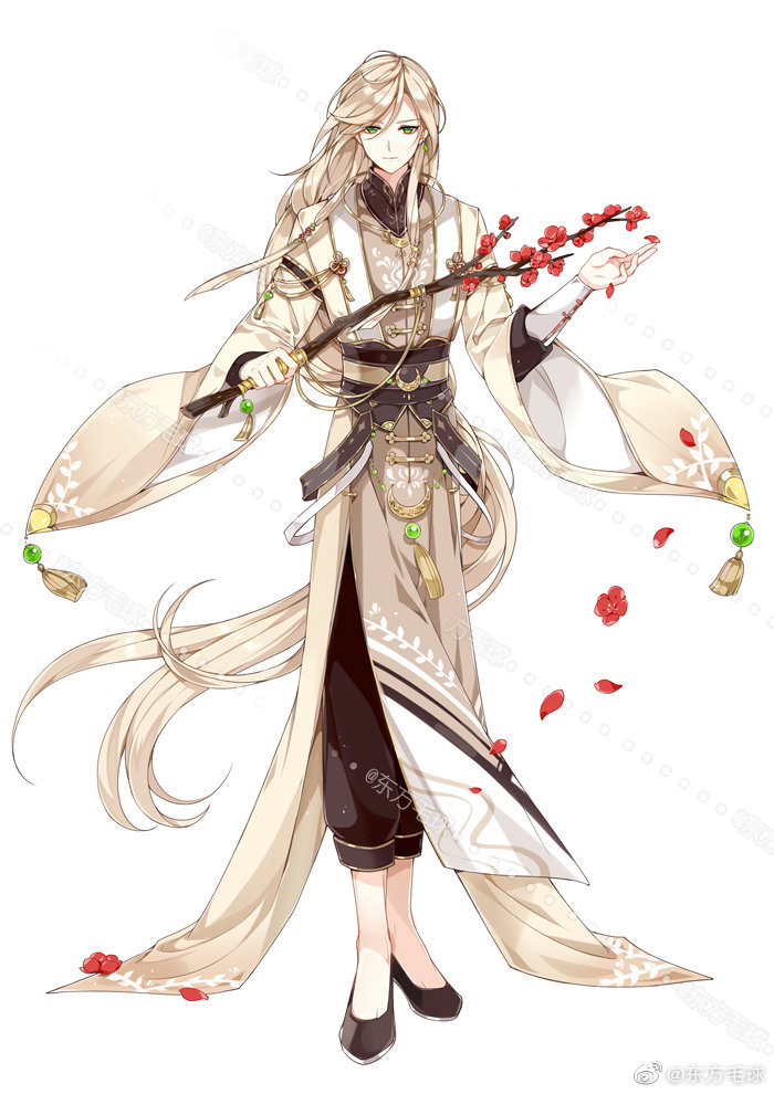 1boy black_footwear black_pants black_sash black_shirt blonde_hair branch chinese_clothes closed_mouth crescent dongfang_mao_qiu earrings falling_petals flats flower flower_knot full_body gem gold_trim green_eyes green_gemstone hair_between_eyes hands_up hanfu holding holding_branch jewelry layered_sleeves light_smile long_hair long_sleeves looking_at_viewer male_focus necklace official_art pants pelvic_curtain petals plum_blossoms red_flower robe sash shirt simple_background solo standing swept_bangs tassel the_tale_of_food very_long_hair watermark weibo_logo white_background wide_sleeves yangzhou_fried_rice_(the_tale_of_food) yellow_robe