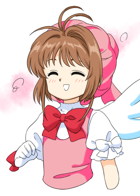 1girl :d ^_^ bow bowtie brown_hair cardcaptor_sakura closed_eyes gloves hair_intakes hat kinomoto_sakura magical_girl nonamejd pink_headwear pink_vest puffy_short_sleeves puffy_sleeves red_bow red_bowtie shirt short_hair short_sleeves sleeve_bow smile solo vest white_bow white_gloves white_shirt white_wings wings