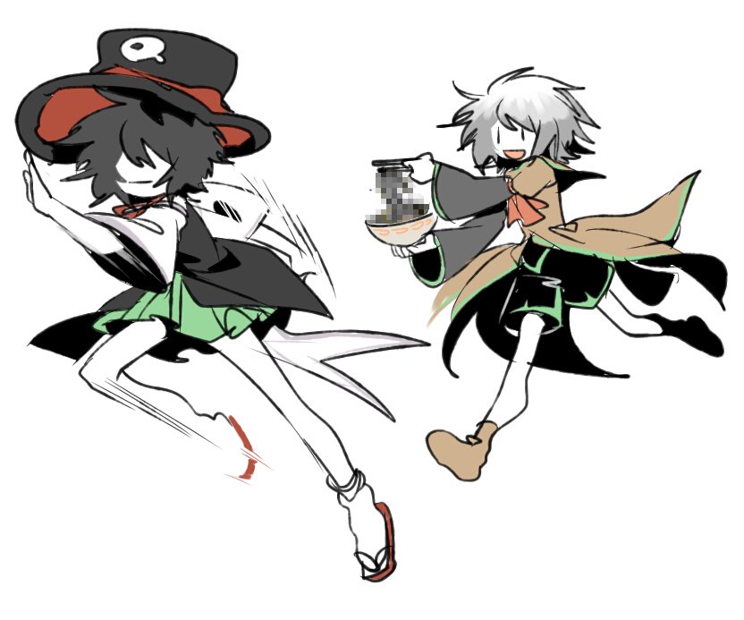 2others androgynous black_hair black_headwear black_pants black_shirt brown_coat brown_footwear censored censored_food chasing closed_mouth coat colored_skin enraku_tsubakura fleeing geta green_skirt grey_hair grey_sleeves hat houlen_yabusame layered_sleeves len'en ling_s long_sleeves miniskirt multiple_others no_nose open_mouth other_focus pants pleated_skirt puffy_short_sleeves puffy_sleeves shirt short_hair short_over_long_sleeves short_sleeves simple_background skirt smile socks two-sided_fabric two-sided_headwear white_background white_shirt white_skin white_socks wide_sleeves