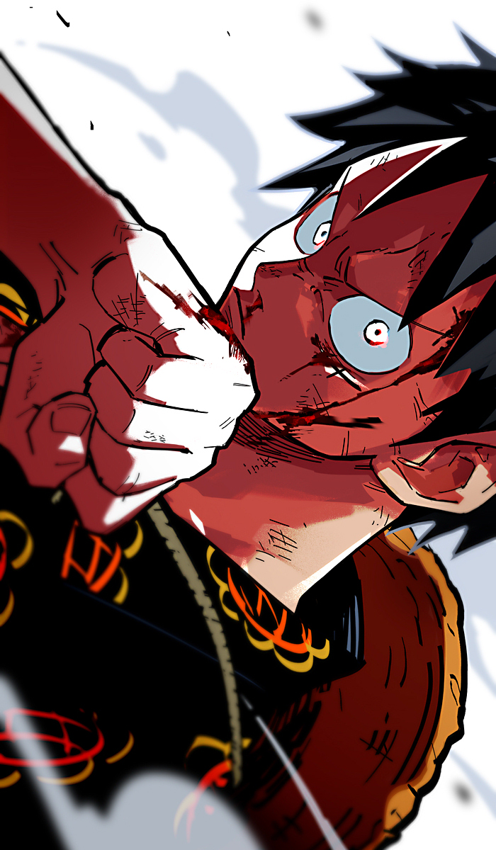 1boy black_hair black_shirt blood blood_on_face clenched_hand close-up hat highres kokusoji looking_at_viewer male_focus monkey_d._luffy one_piece scar scar_on_face shirt short_hair simple_background smoke solo straw_hat white_background