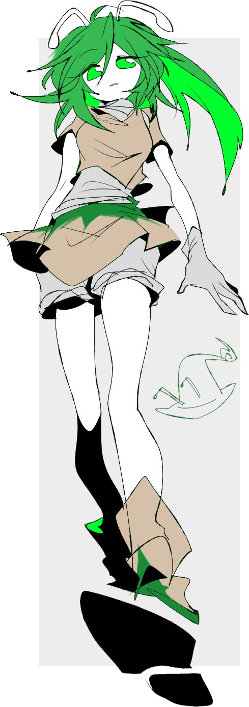 1girl amanomori_shou antennae boots breasts brown_footwear brown_shirt brown_skirt chinese_commentary closed_mouth colored_skin commentary_request from_below frown full_body genderswap genderswap_(otf) gloves green_eyes green_hair grey_gloves grey_shirt grey_shorts hair_between_eyes highres layered_skirt len'en ling_s long_hair medium_breasts no_nose shirt shorts shorts_under_skirt skirt white_skin